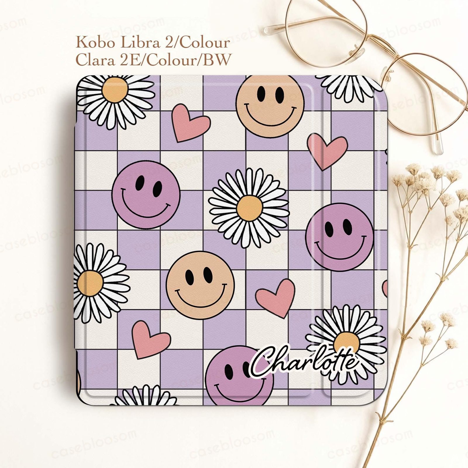 Lavender Checkered Smiley Kobo Case