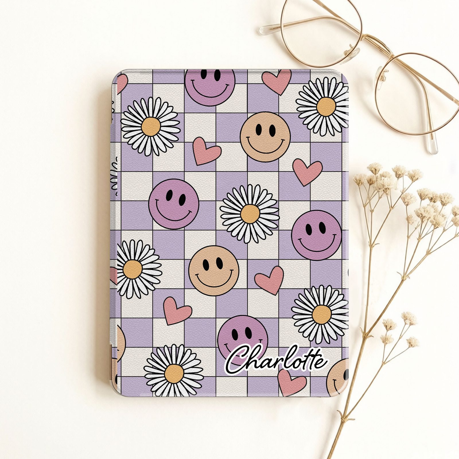Lavender Checkered Smiley Kobo Case