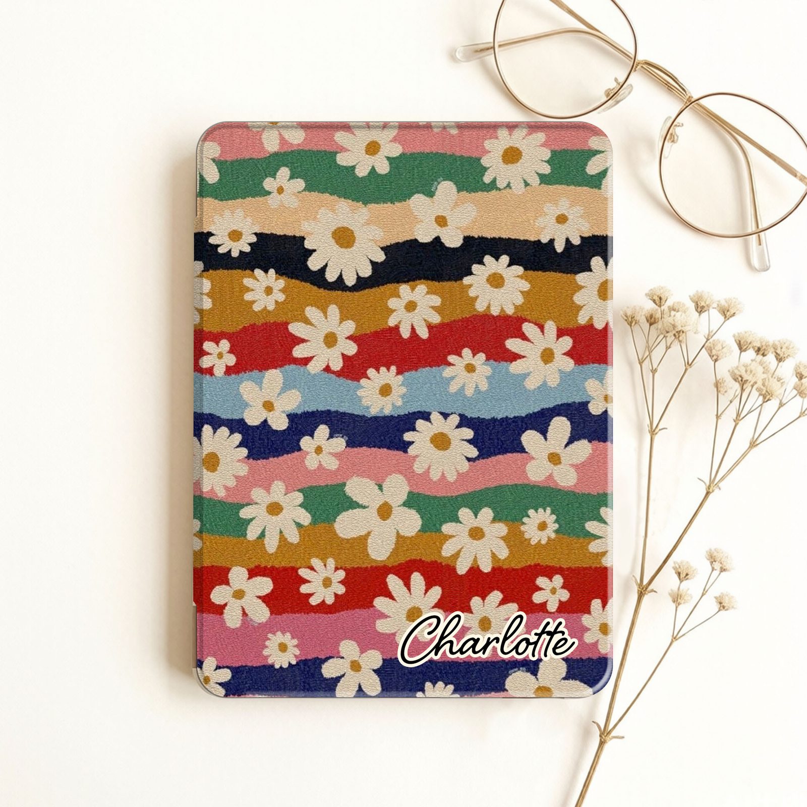 Retro Flowers Wavy Rainbow Kindle Case